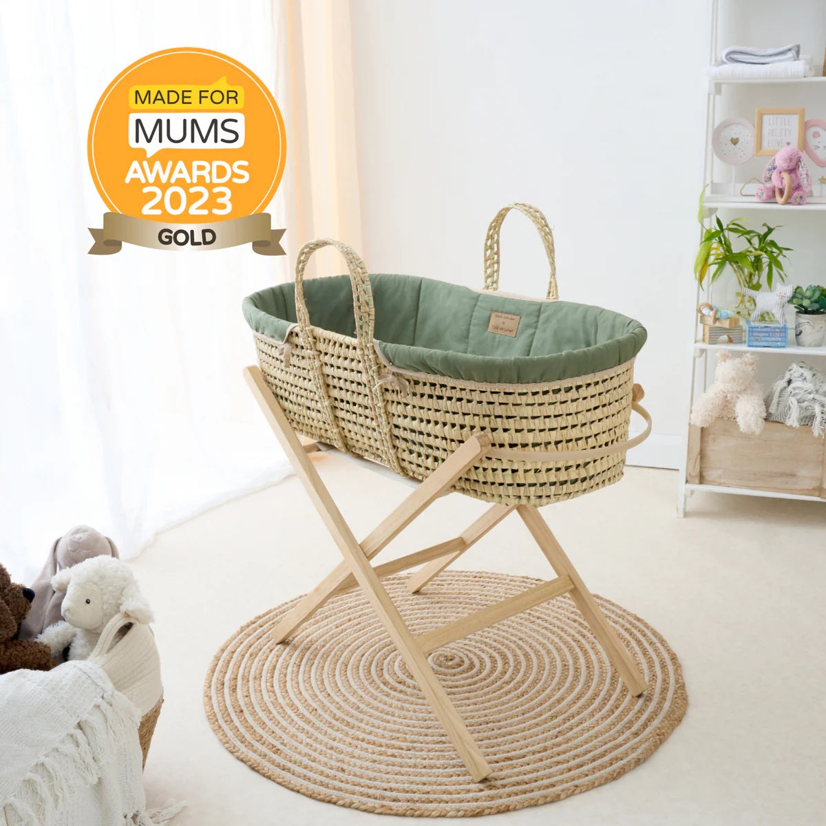 Clair De Lune Organic Palm Moses Basket with Folding Stand - Forest Green