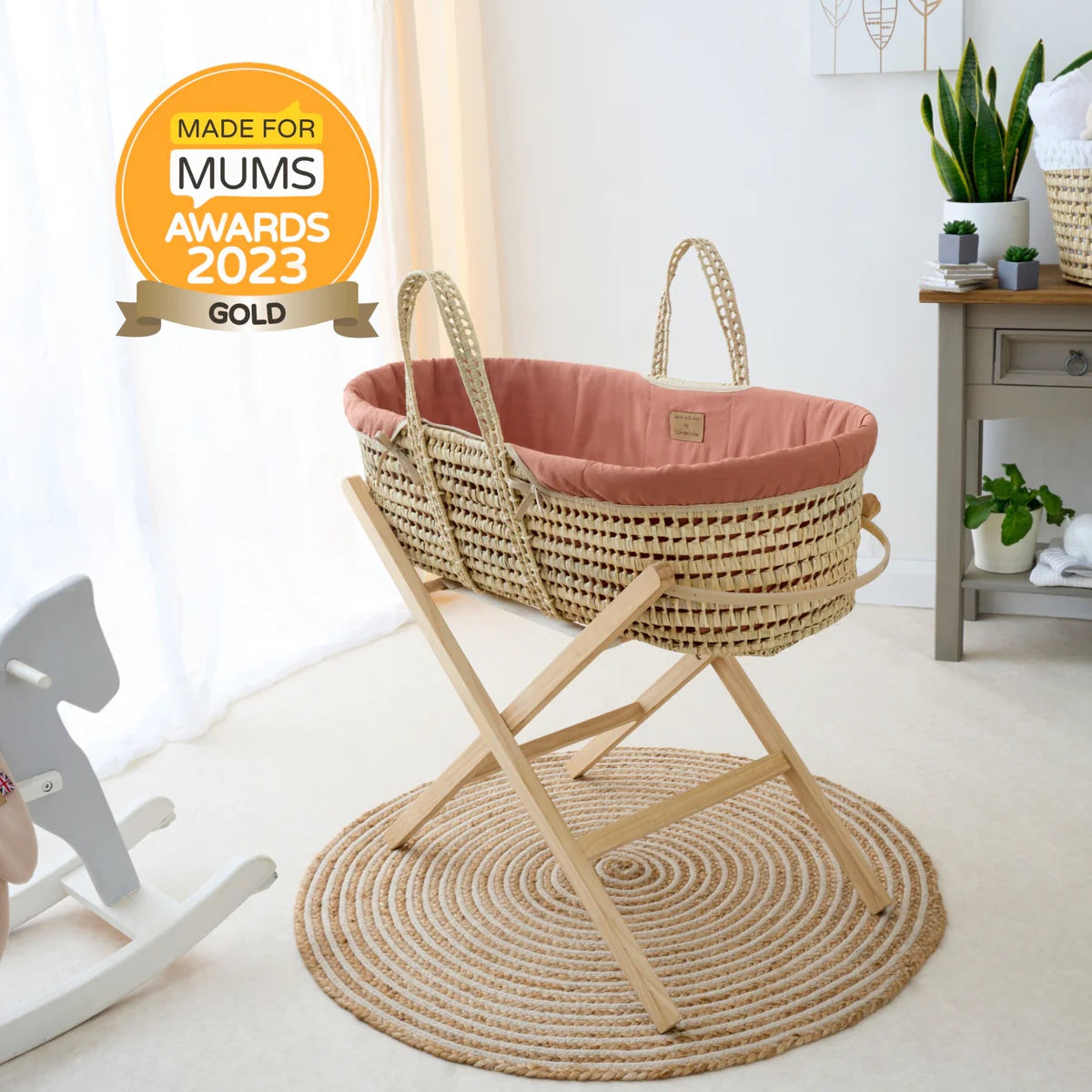 Clair De Lune Organic Palm Moses Basket with Folding Stand - Rust Orange