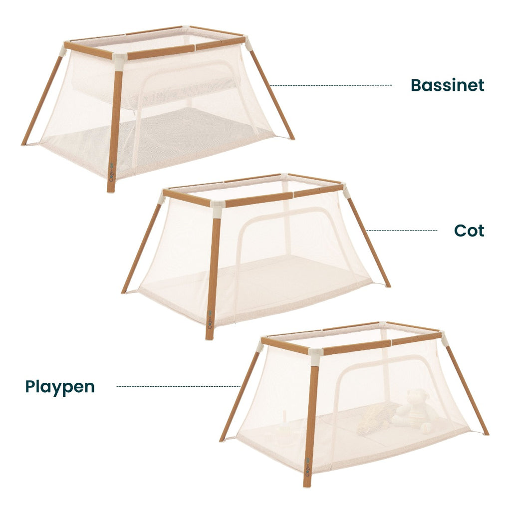 Tutti Bambini CoZee Go 3-in-1 Bassinet, Travel Cot & Playpen - Scandinavian Walnut & Ecru