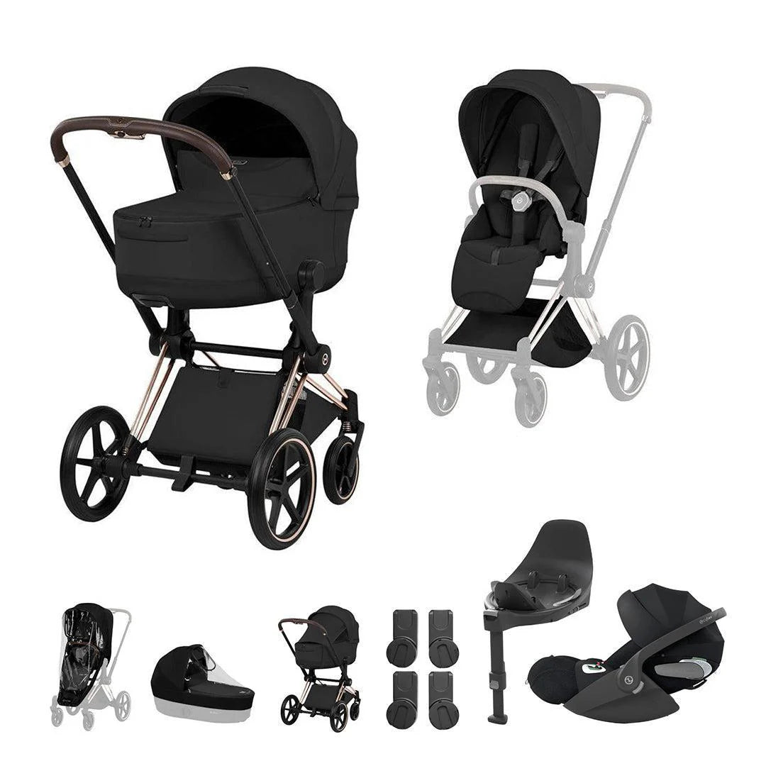 Cybex Priam Fold Cot Ultimate Travel System Bundle - Rose Gold Frame With Black Fabric