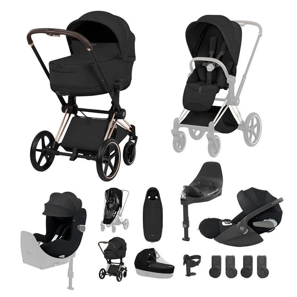 Cybex Priam Style Fold Cot Newborn to Toddler Travel System Bundle -  Rose Gold Frame With Black Fabric
