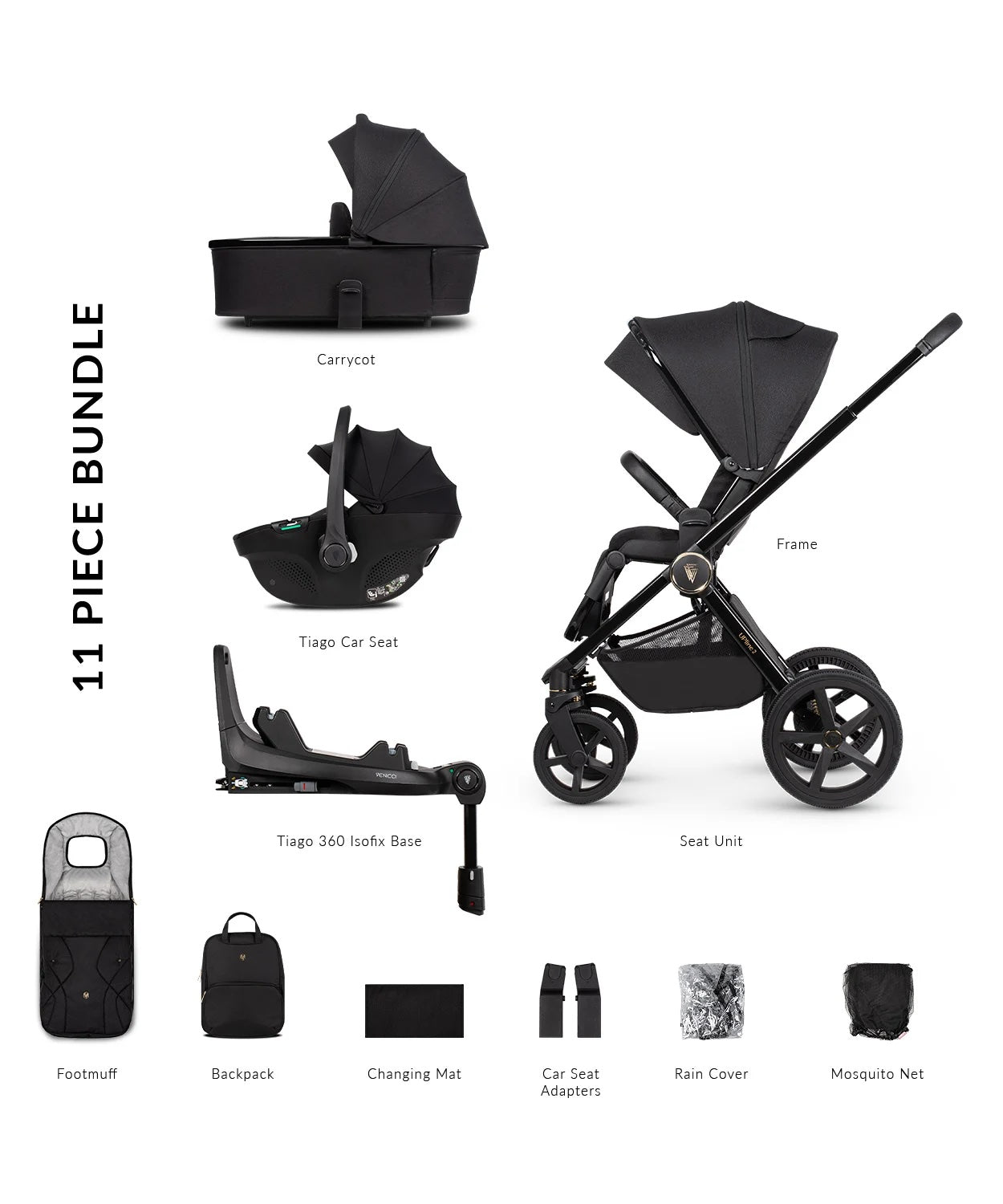 Venicci Upline 2 - 3in1 + 360 Base Complete Travel System - All Black