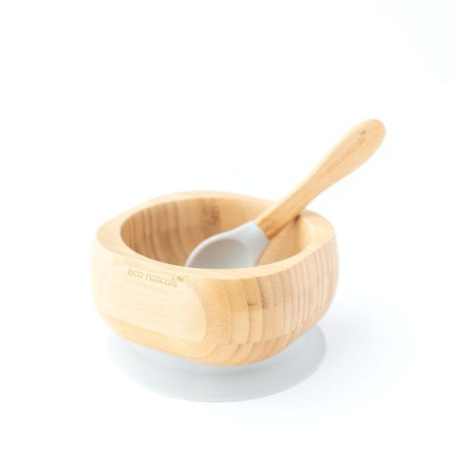 Eco Rascals Bamboo Suction Bowl & Spoon Set - Grey 