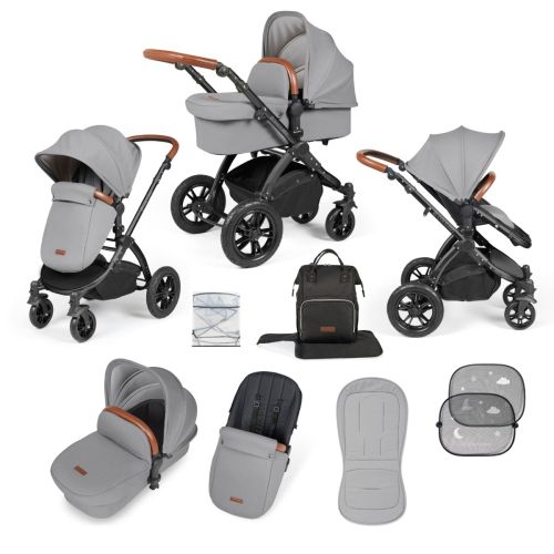 Ickle Bubba Stomp Luxe 2 in 1 Pushchair in Black Chasis - Pearl Grey/Tan